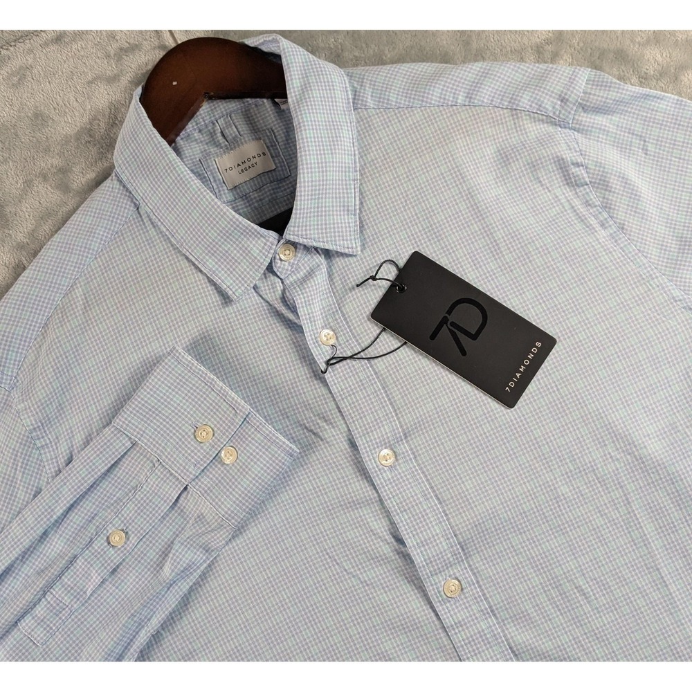 7 Diamonds Shirt Mens Large Blue Check Verona Legacy Supima Stretch Long Sleeve